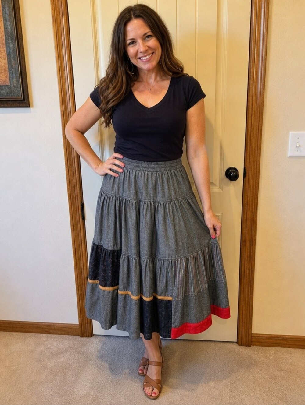 Vintage Justin B. Jones Tiered Denim Patchwork Maxi Skirt - Boho Prairie Size 14